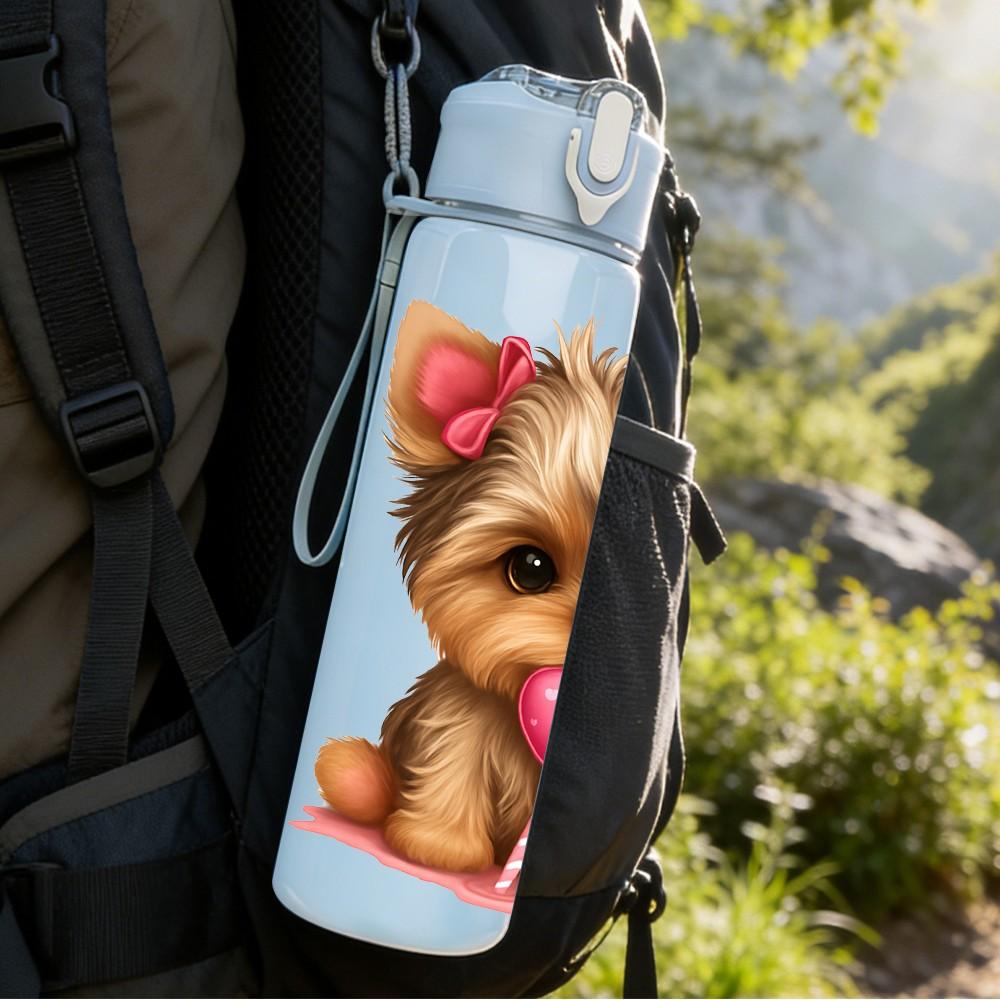 1PC Yorkshire Dog Holding Heart Print 750ml Color Plastic Sports Water Bottle Leakproof Flip Straw Lid Suitable for Sports Office Home Use