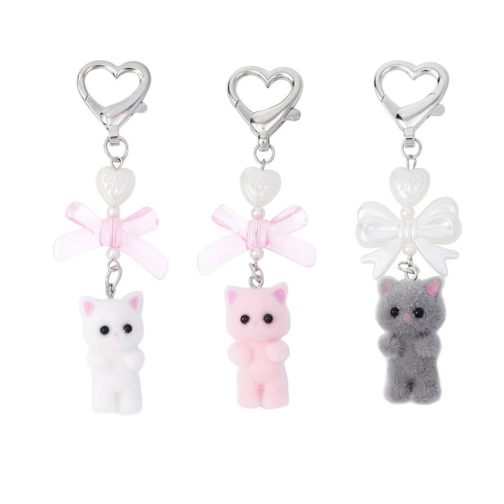 Cute Cartoon Flocking Cat Keychain Y2K Heart Bow Shaped Key Ring For Women Girls Handbag Backpack Pendant Decoration Gift