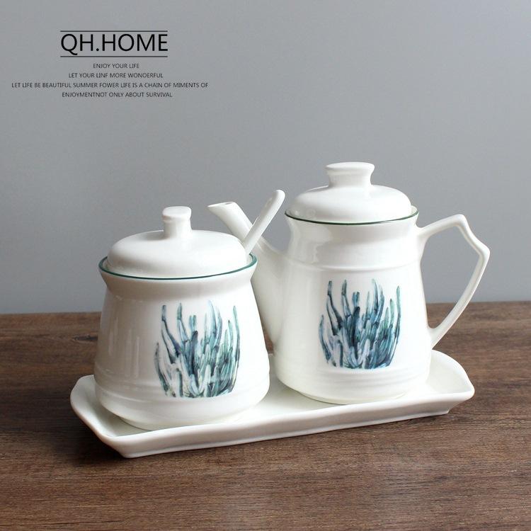 

Nordic Creative Plant Ceramic Oil Bottle Seasoning Jar Set Restaurant Household Vinegar Bottle Porcelain Kitchen Cooking Tools