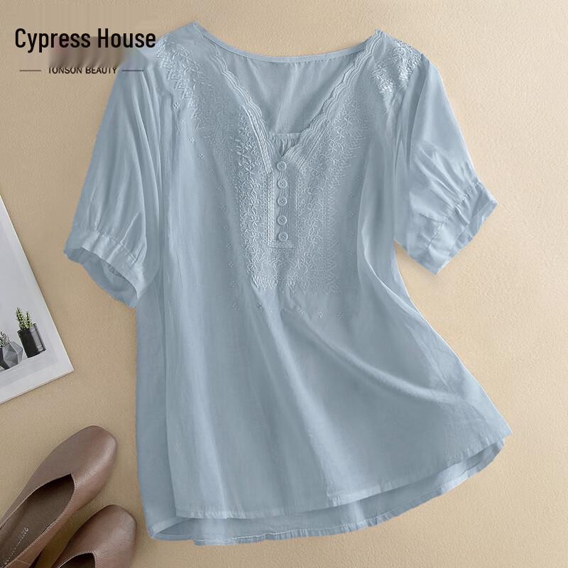 Sybilla Women s V-Neck Loose Fit Embroidered Short Sleeve Top L