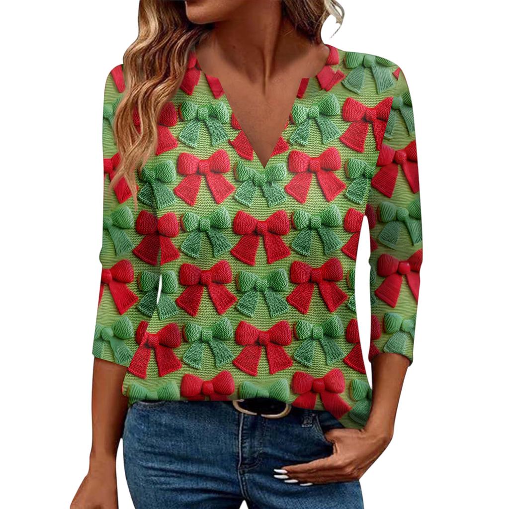 Women's Casual Fashionable Sexy Comfortable V-Neck Christmas Three-Quarter Sleeve Top