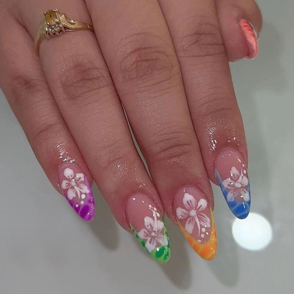 24Pcs White Flower Short Almond Press On Nails Glossy Blue French Tip Acrylic Full Cover Fake Nails Art Set For Women Girls