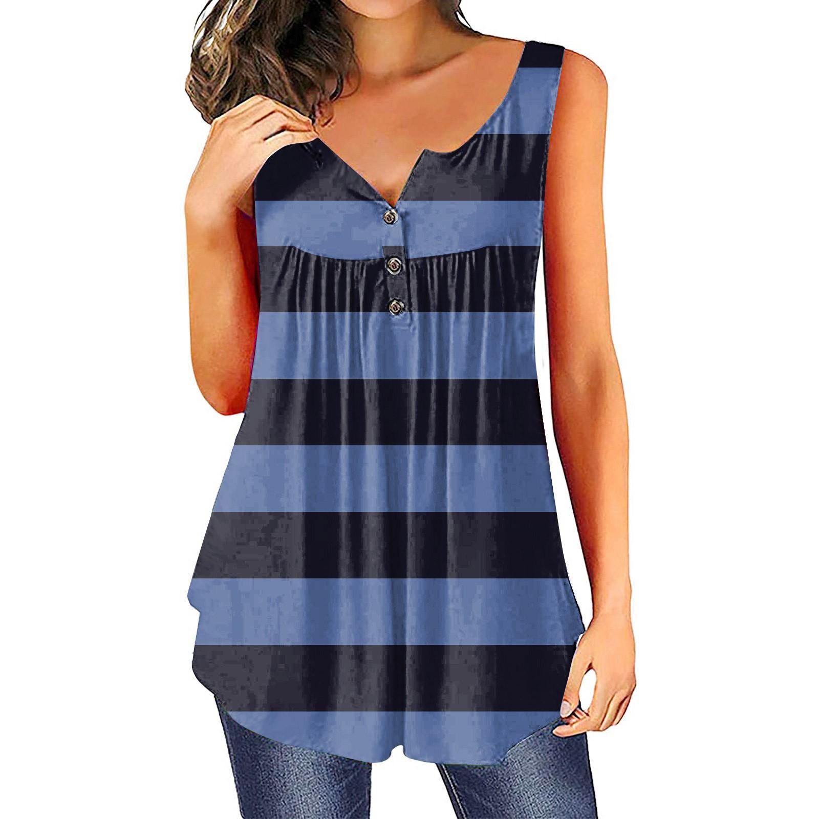 Women s Fashion Stripe Printed Pleated Sleeveless Casual T-shirt Vest Button Top M