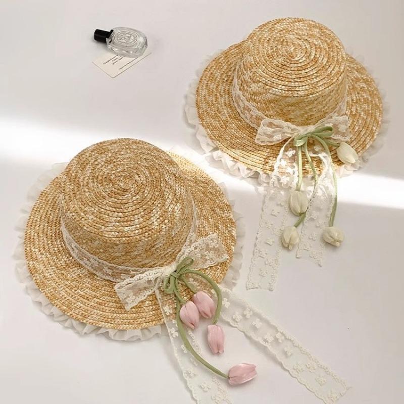 Lace Bow Tulip Straw Hat Women's Summer Seaside Beach Vacation Sun Hat Shade Sun Protection Hat