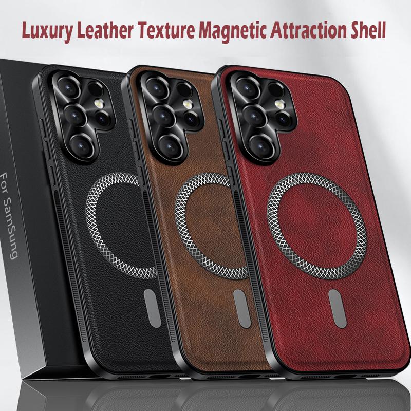 Luxury PU Leather Case For Samsung Galaxy S25 S24 Ultra Plus S25 FE S24 FE Magsafe Magnetic Lens Protection Shockproof Cover