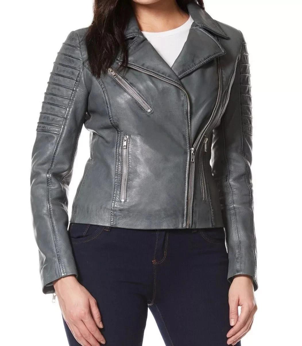 

New Women Jacket Gray Leather Lambskin Handmade Stylish Casual Motorcycle Biker 3XL сірий колір
