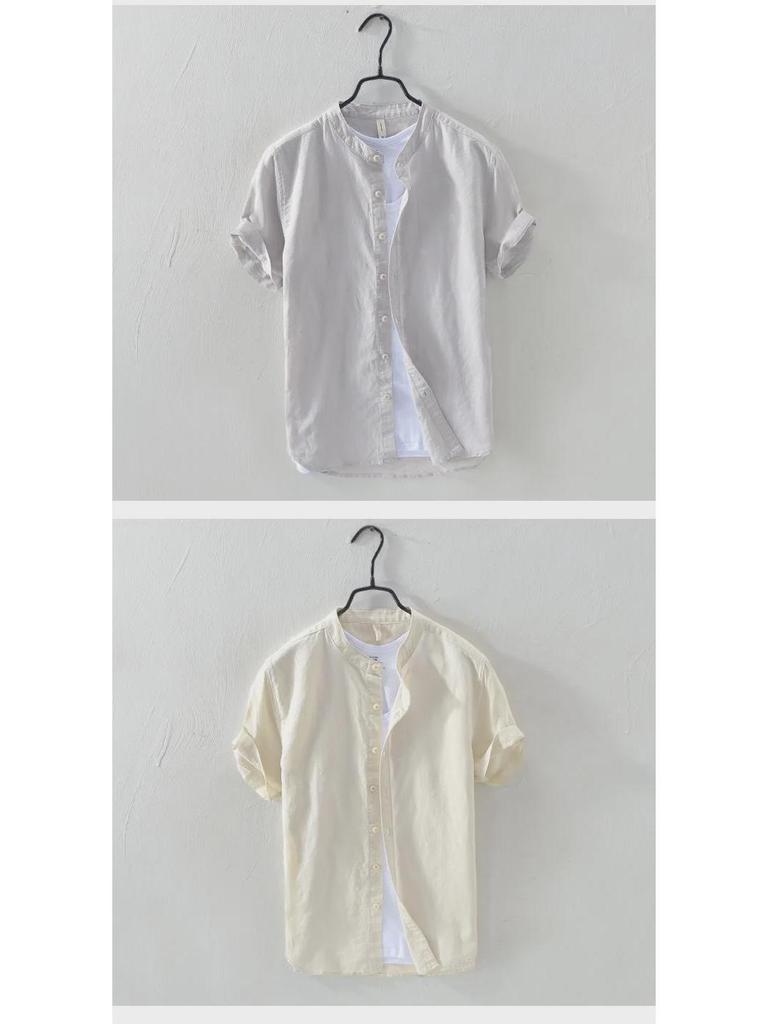 Men's Short-Sleeve Stand Collar White Linen Shirt, Casual Loose Fit, Lightweight Summer Cotton.