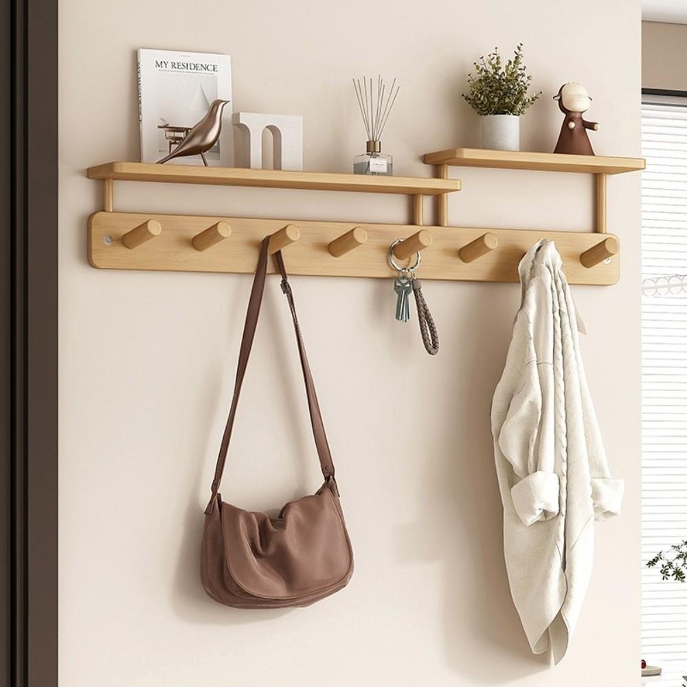 With Hooks Wall Mounted Coat Rack Storage Function Hanging Shelf Wooden Storage Rack Living Room