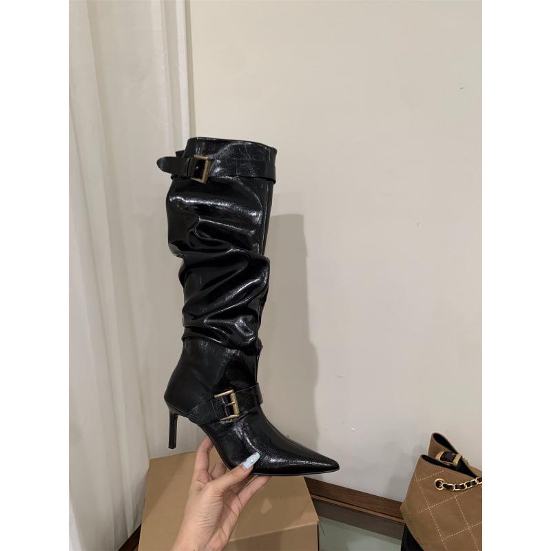 

Ботильоны на высоком каблуке с острым носком, рыцарские ботинки, женские ботинки 2025 осень-зима, облегающие ботинки средней высоты 39