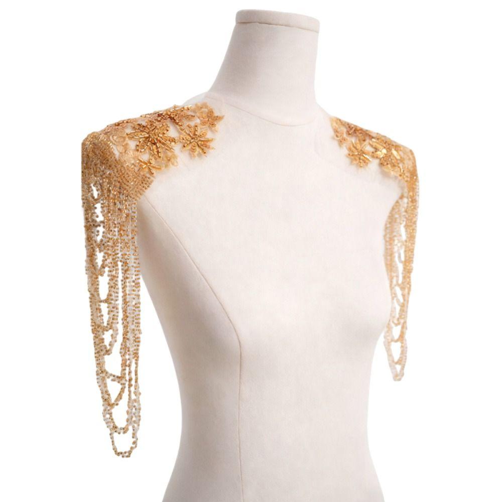 White Gold Color Shoulder Decoration Beaded Sequins Tassel Chain Wedding Dress Decoration Lace Handmade Gold Embroidery