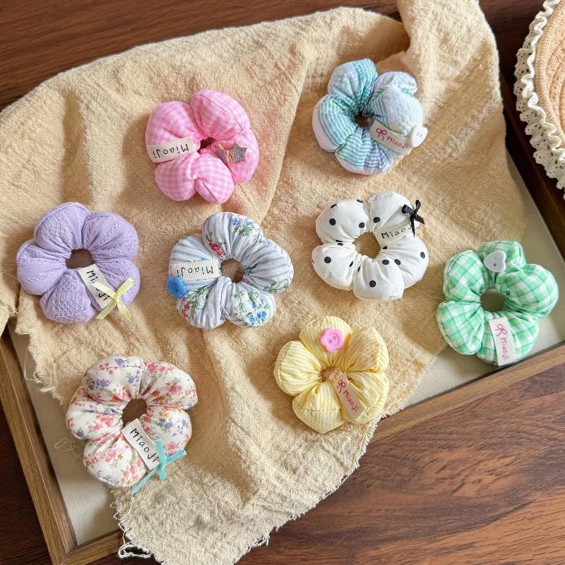 New Product Children's Cotton Floral Flower Ponytail Headband Baby Fabric Five-petal Flower Hair Band Plaid Large Intestine Ring
