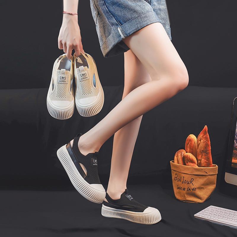 Thick-soled hollow sports shoes women's summer fly-woven mesh shoes board shoes casual breathable one-pedal lazy shoes