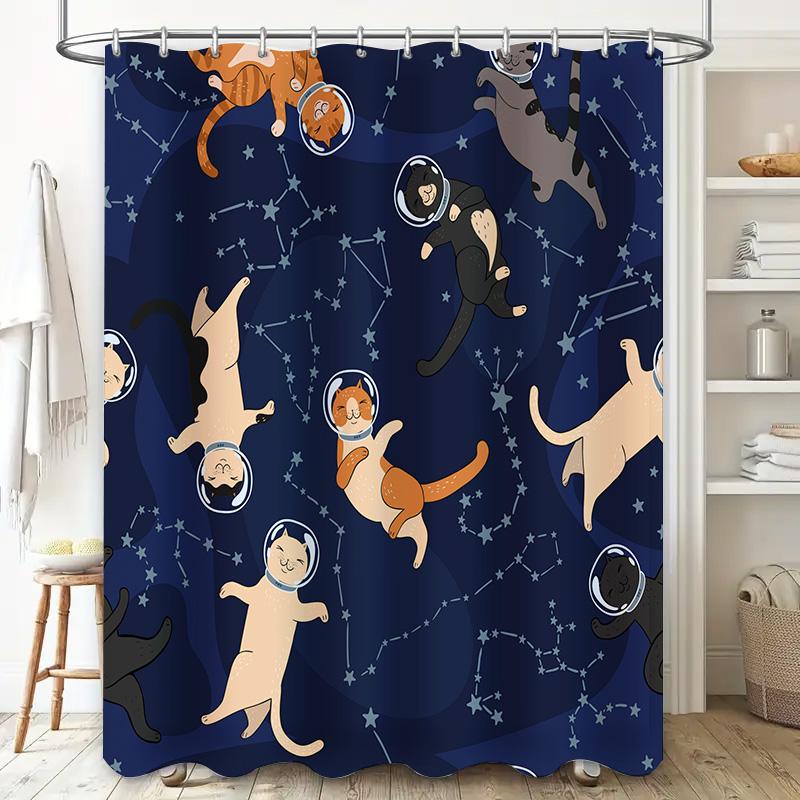 Space Adventure Cats Shower Curtain Set Blue Galaxy Print with Astronaut Feline Figurines for Bathroom Decorators Perfect Gift f