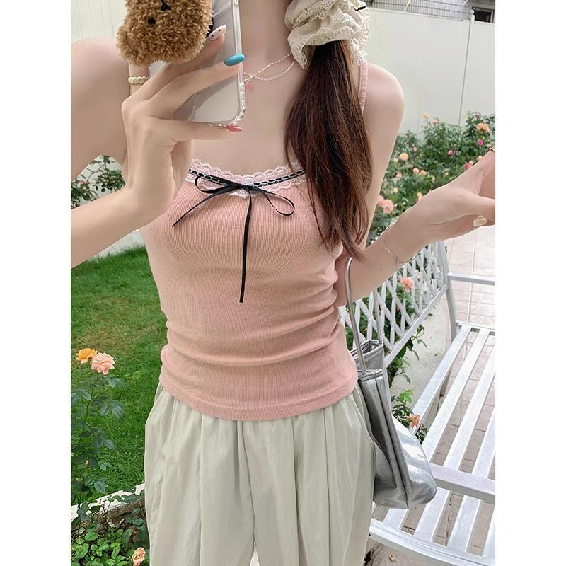 Korean style dopamine solid color gentle sleeveless top short navel-baring bow lace vest for women