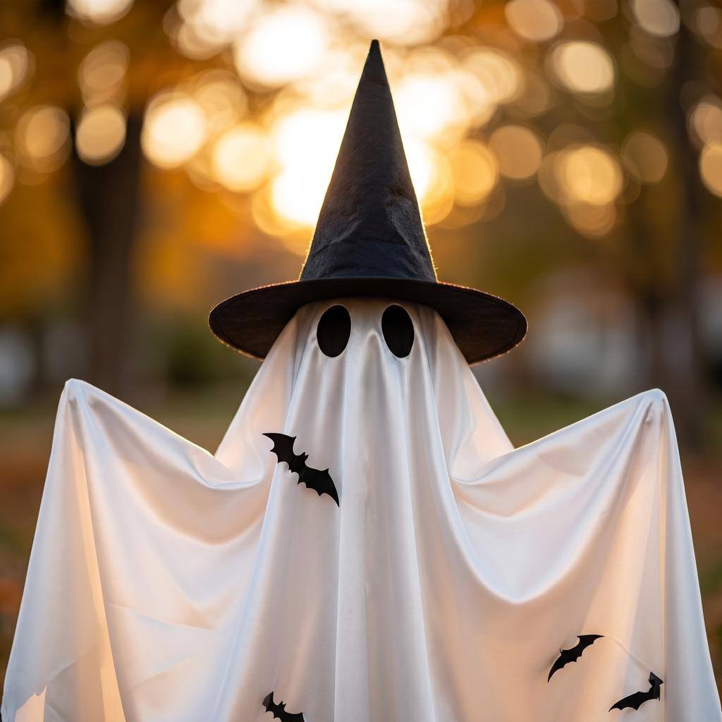 Outdoor Halloween Yard Decoration Ghost Figure with Witch Hat and Bat Designs Festive Hanging Prop for Seasonal Holiday Display