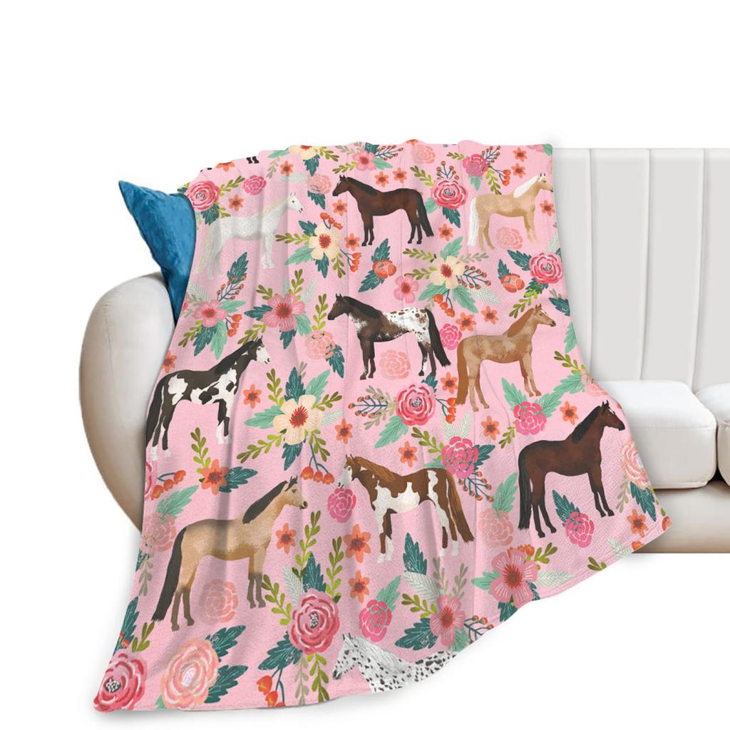 Horse Floral Blanket Animal Flower Pattern Print Throw Blanket Super Soft Comfortable Lightweight for Living Room for Kids Teens