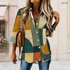 Women Plus Size Geometric Printed Collared Long Sleeve Button Front High Low Curved Hem Shirt