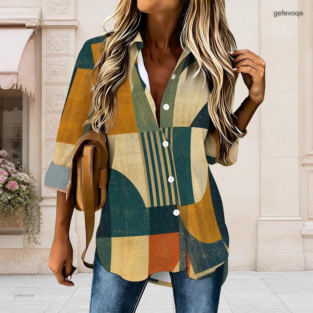 Women Plus Size Geometric Printed Collared Long Sleeve Button Front High Low Curved Hem Shirt