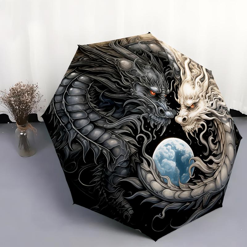 1pc Dragon, dinosaur pattern Umbrella Portable Folding Umbrella Iron Frame Hole Bone Structure Outdoor Home Umbrella