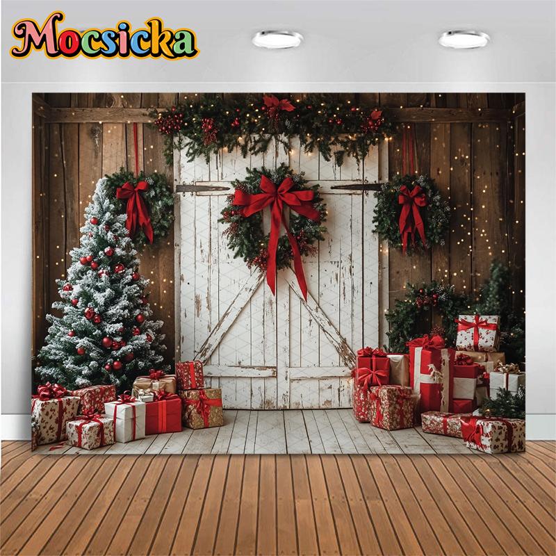 Mocsicka Photography Background Christmas Tree Door Decoration Child Family Holiday Party Studio Backdrop Shooting Studio Banner