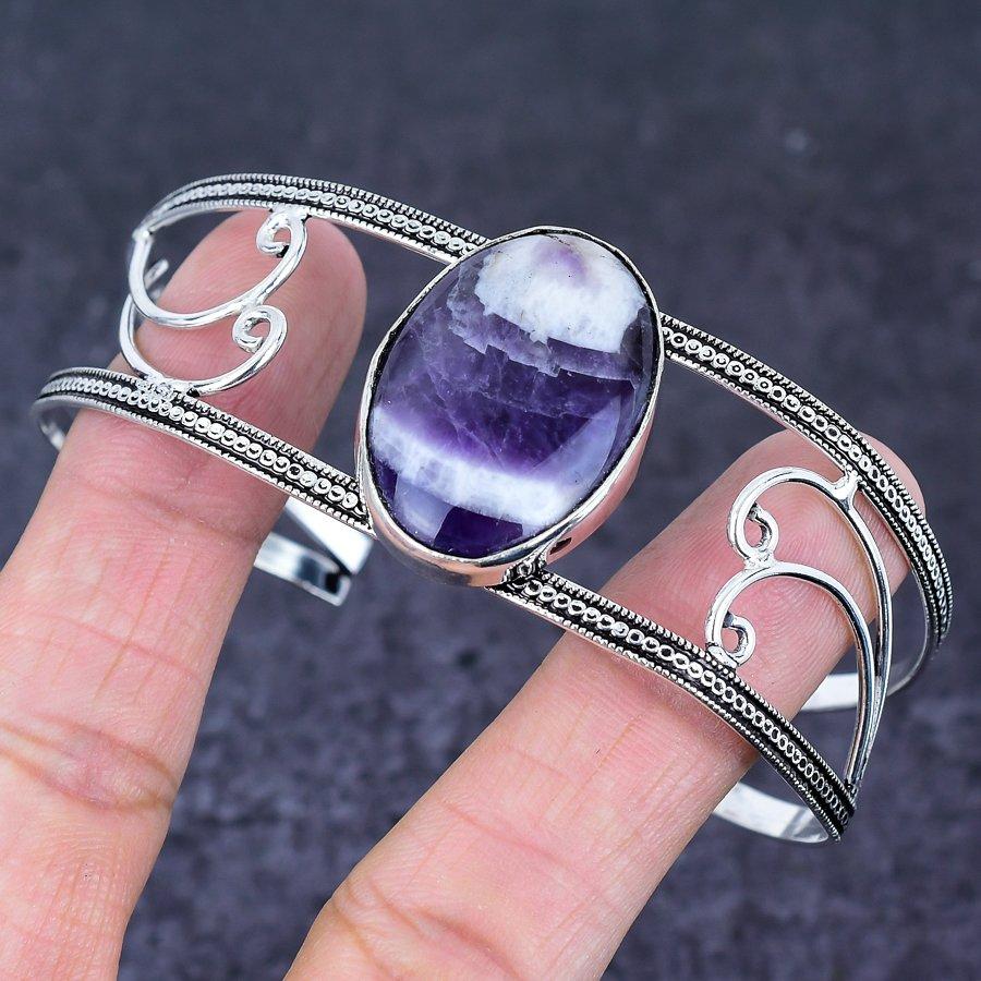 Chevron Amethyst Gemstone 925 Sterling Silver Cuff Bangle Adjustable