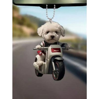 1 Stück Niedlicher Weißer Hund Fahrradfahrend Muster Acryl Autoanhänger, Kann als Autoanhänger oder Weihnachtsbaumschmuck verwendet werden