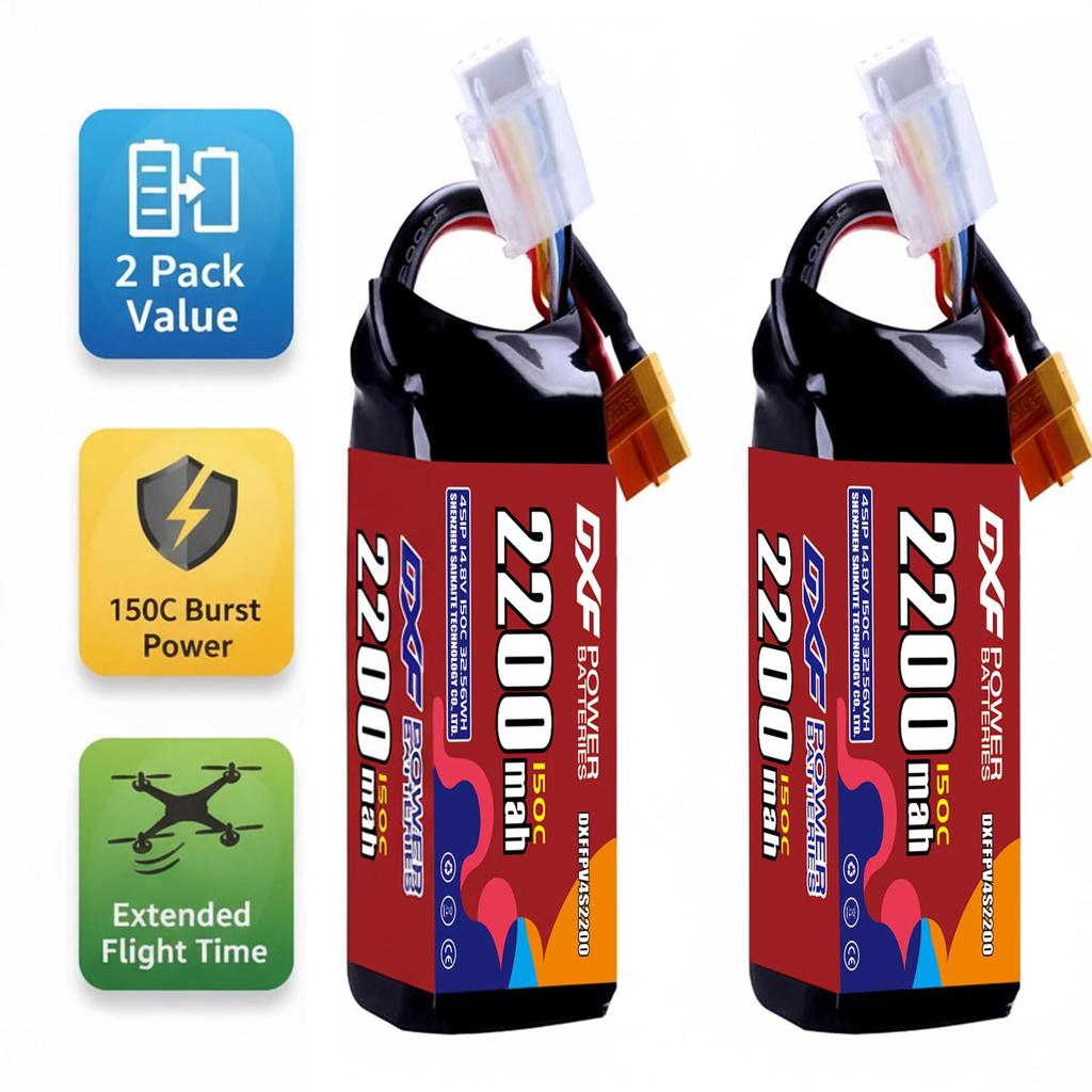Bateria DXF POWER LiPo 4S 14.8V 2200mAh 150C XT60 do dronów FPV, łodzi RC i dronów wyścigowych. Lekki (229g), Kompaktowa konstrukcja, Ogniwa klasy A.