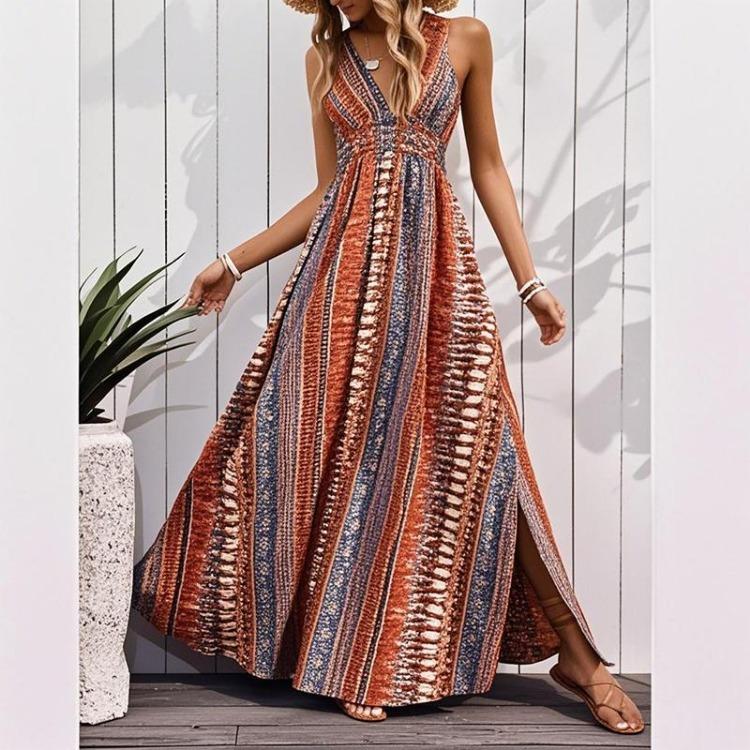 

Богемное летнее платье женское ретро с принтом на бретелях открытая спина с бандажной завязкой большой подол цельное праздничный стиль XL