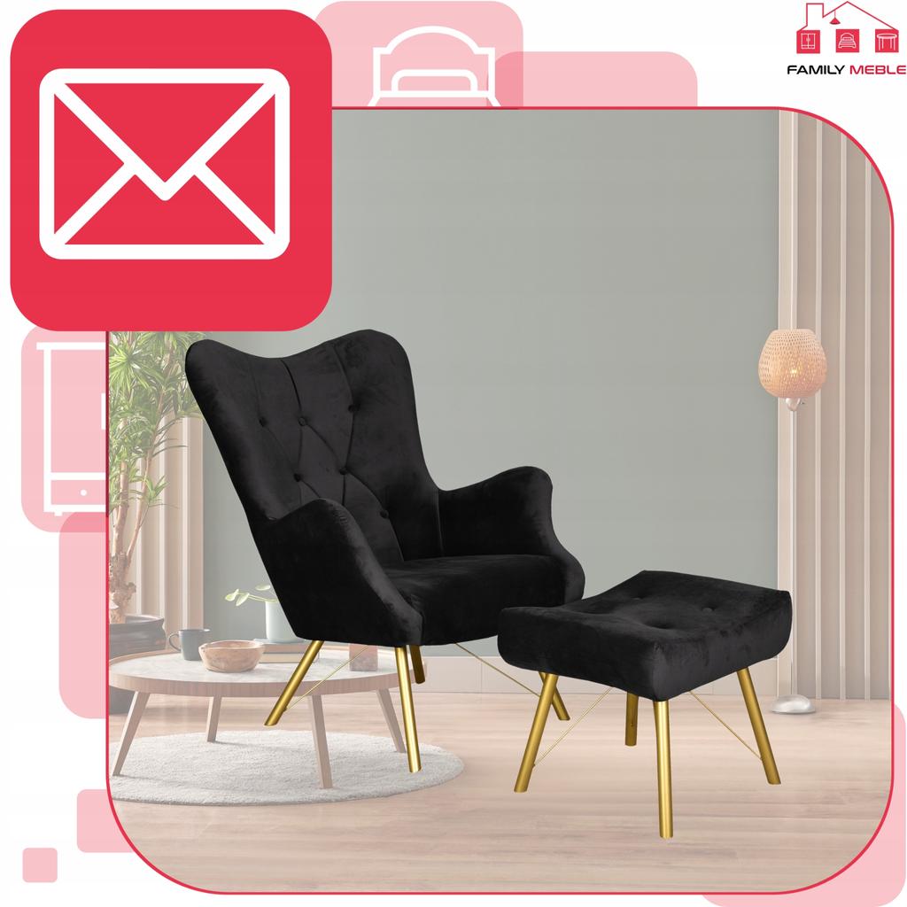 Scandinavian Armchair Luna with Footrest, Pouffe, Button, Family Meble, Black Velvet