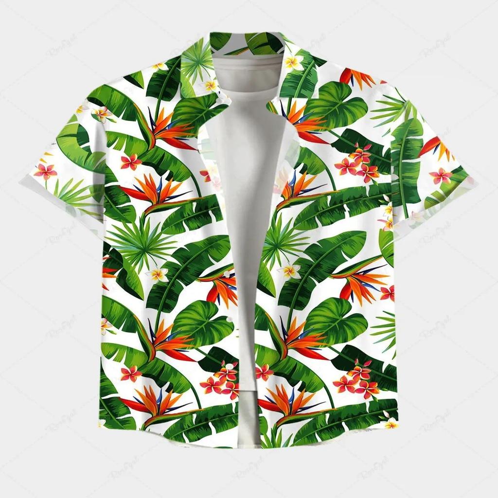 Vacation Style Coconut Tree Printed Short Sleeve Shirt, Loose Lapel Fake Two-Piece Design, Casual Breathable Outfit for Daily Wear and Beach Trips