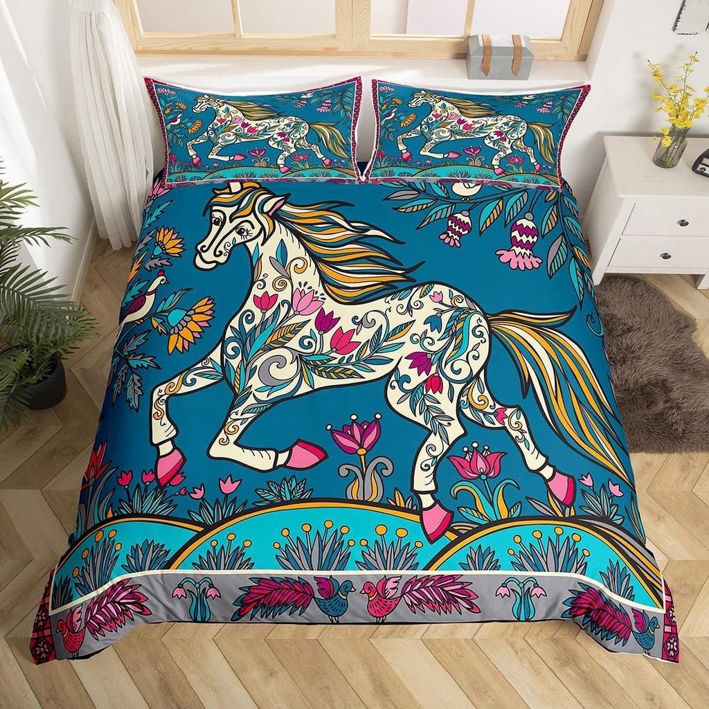 Cowgirl Horse Duvet Cover Set King Romantic Butterfly Bedding Set Farm Animal Comforter Cover Western Tribal Boho Quilt Cover