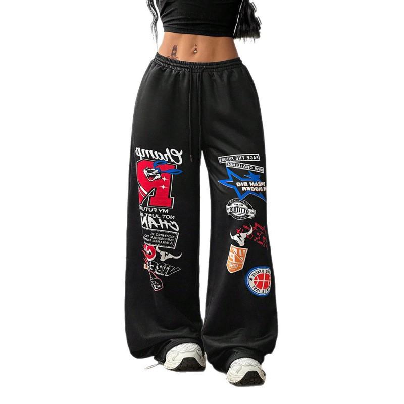 Womens Streetwear Wide Leg Pants With Print - Hip Hop Dance Loose Fit High Waist Trousers