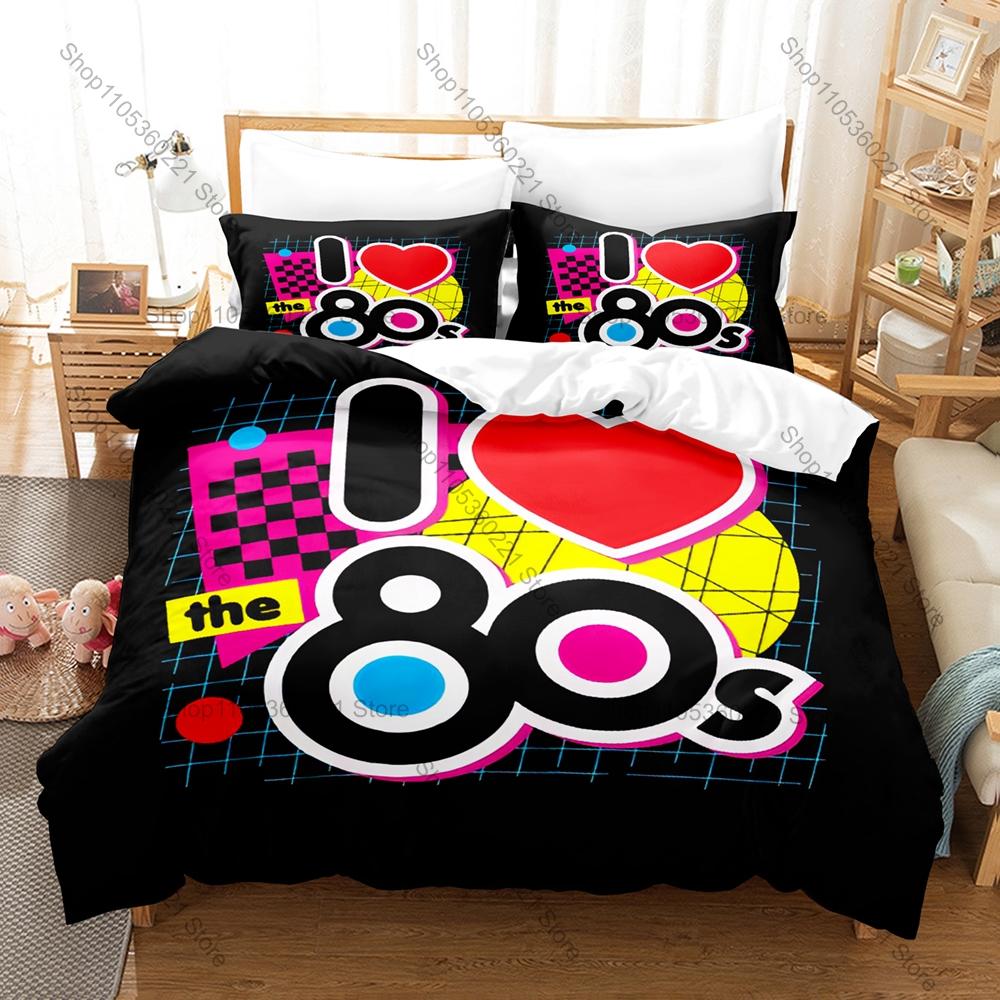 I Love The 80s Bedding Set Duvet Cover + 2 Pillowcases Retro 80s Neon Cassette Tape Pop Vintage Bedroom Decor