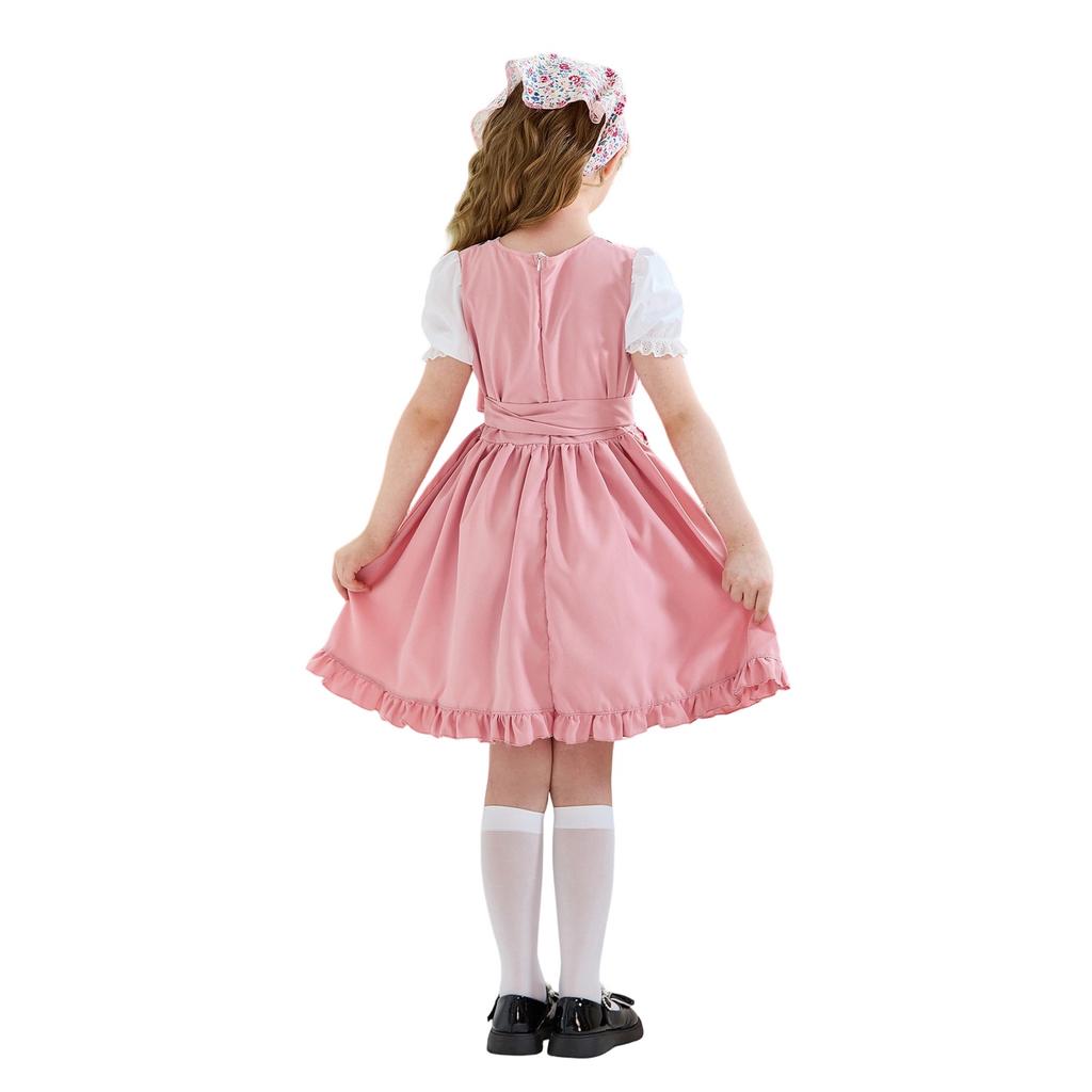 Girls Traditional Farm Dress with Apron and Headscarf Bavarian Oktoberfest Costume for Kids Rustic Country Style Outfit