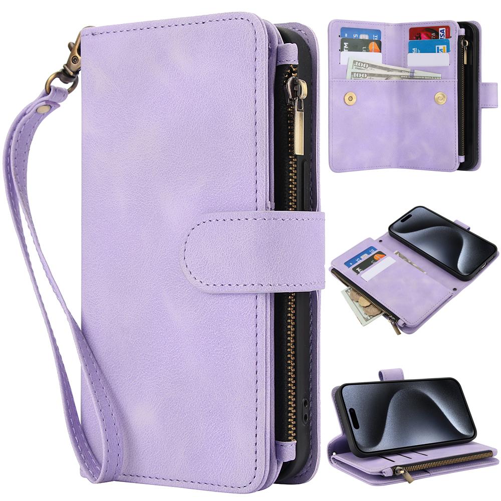 Peněženka 9 slotů na karty Flip Zipper Kožené pouzdro pro iPhone 16 15 Plus 14 13 12 11 Pro Max XR X Samsung S24 S23 S22 S21 Ultra Plus FE A15 A55 A14 A34 A54