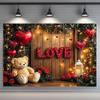2D Romantic Love Teddy Bear Tapestry Wooden Wall Red Heart Balloon Photo Booth Decor
