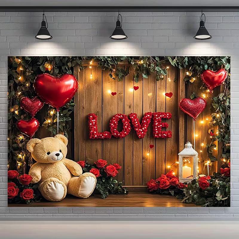 2D Romantic Love Teddy Bear Tapestry Wooden Wall Red Heart Balloon Photo Booth Decor