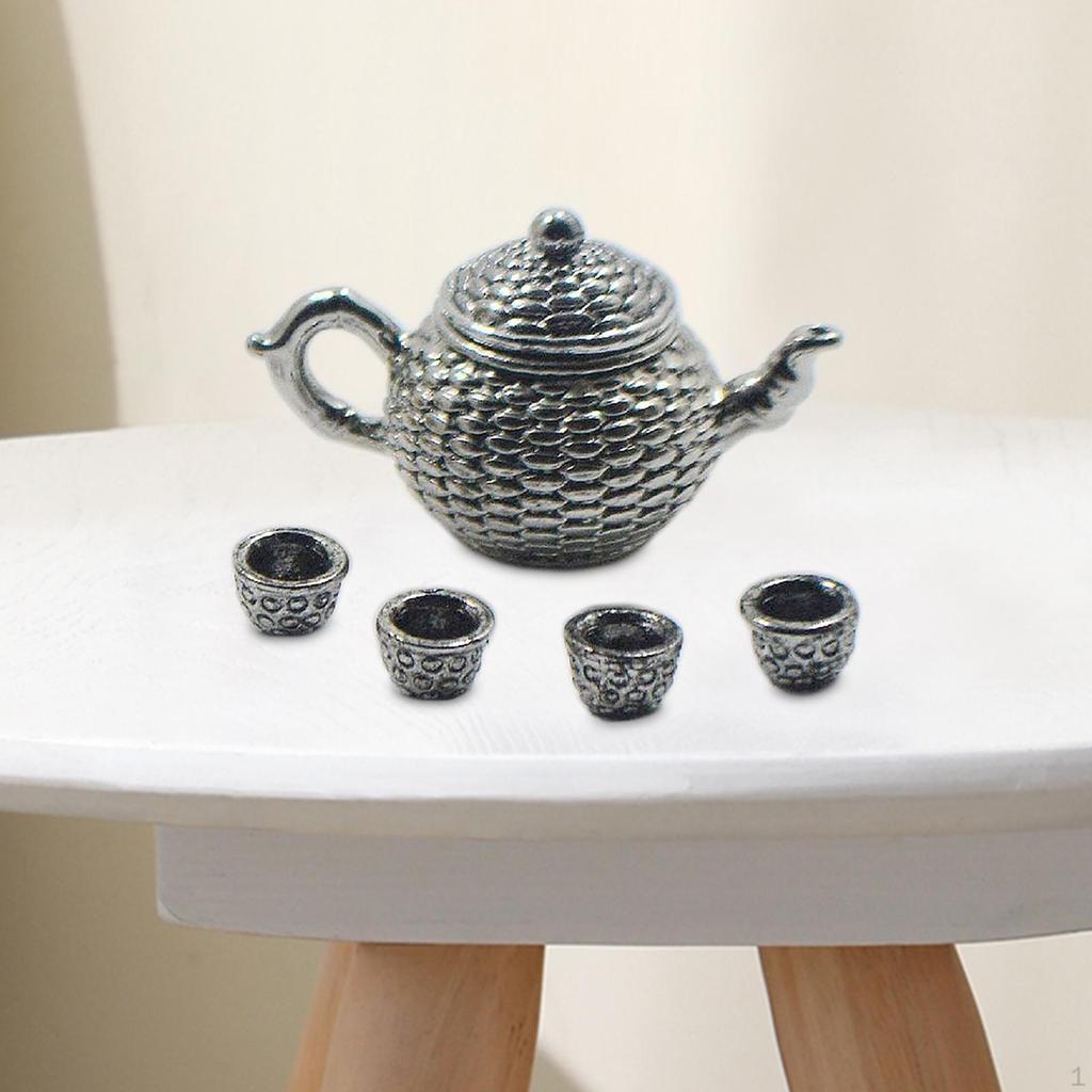 6 Piece Dollhouse Metal Teapot Set Kitchen Gift 1:12 Tea Cup