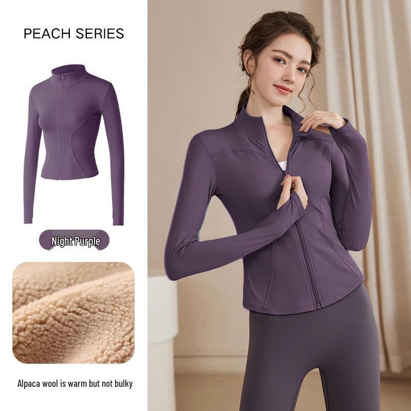 Women's Slimming Lambswool Jacket – Stand Collar, Velvet-Lined, Thick, Stretchy, Warm Yoga Top for Autumn & Winter