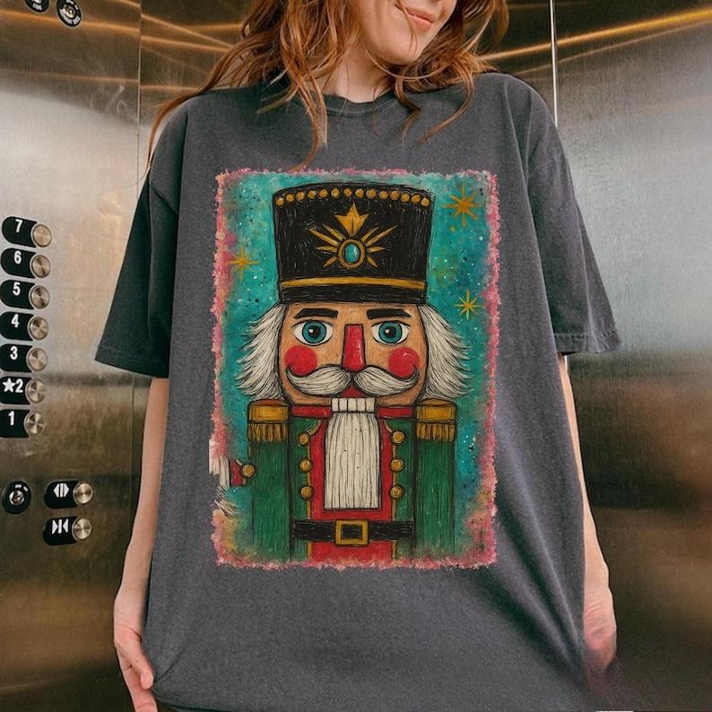 Preppy Brushstroke Nutcracker Christmas Watercolor Holiday Womens TShirt Colorful Xmas Regular Cartoons Print Kawaii Clothes