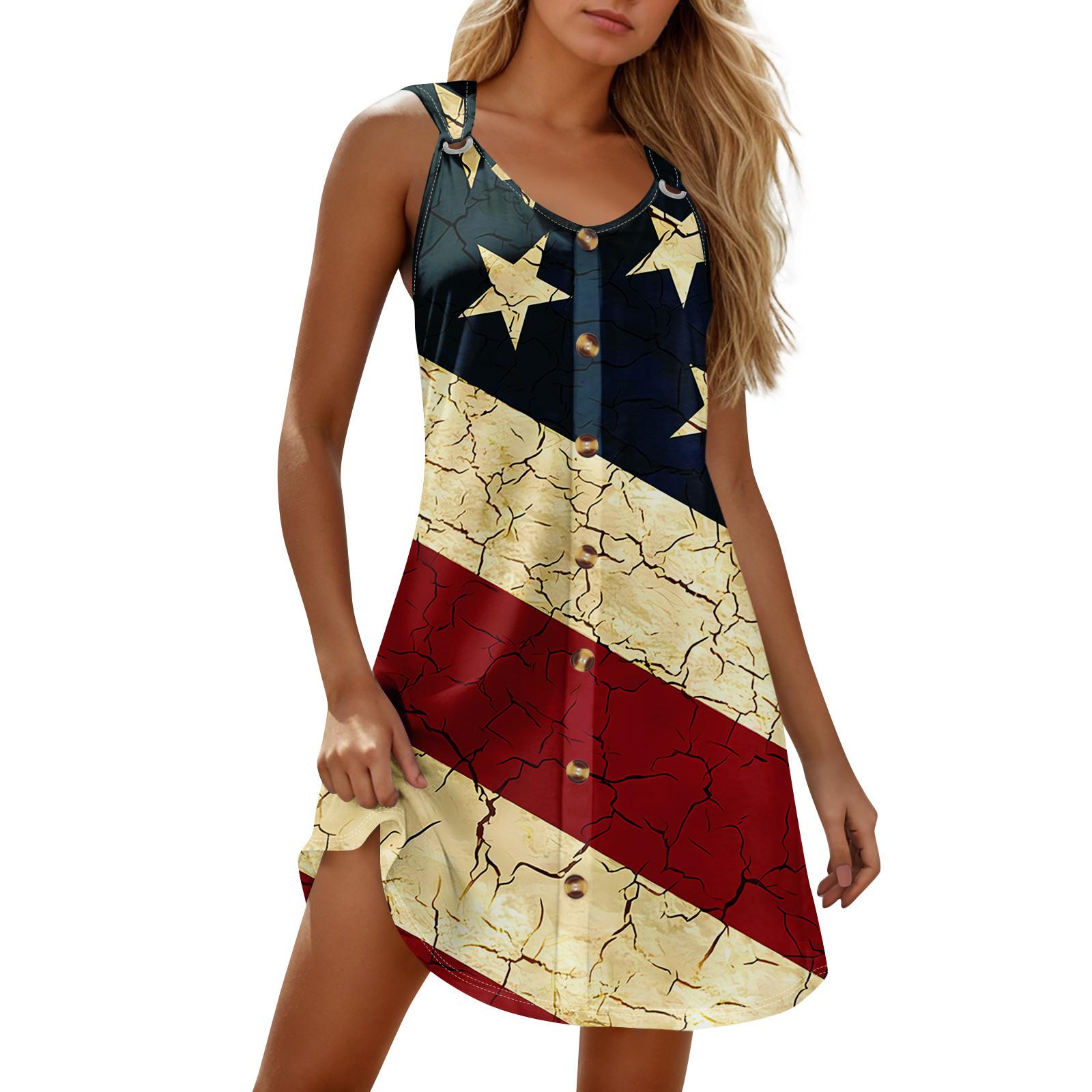 

Летние платья для женщин Пляжный Бохо Без рукавов Независимость Печать Футболка Сарафаны L