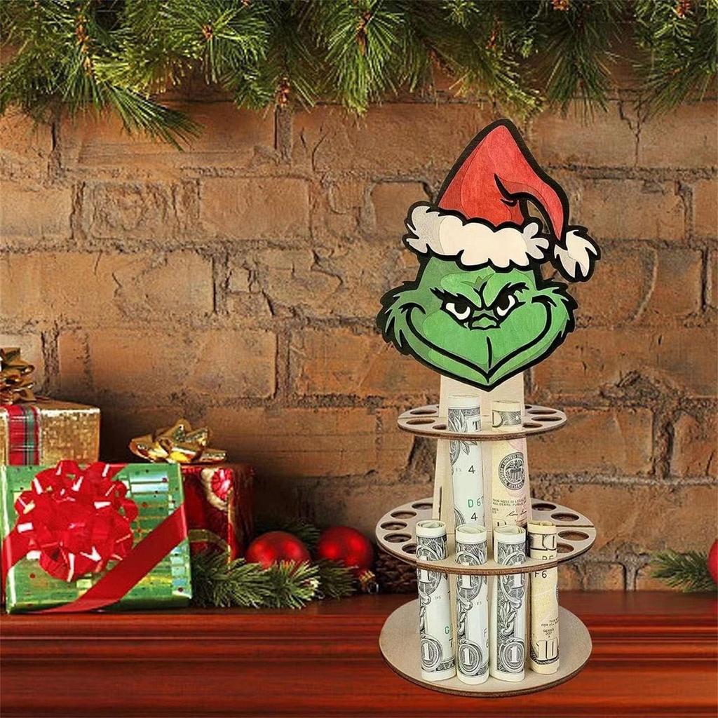 Christmas Unique Money Holder Double-Layer Cash Holders, Green  Desktop Money Holder, Wooden Holder For Placing Money