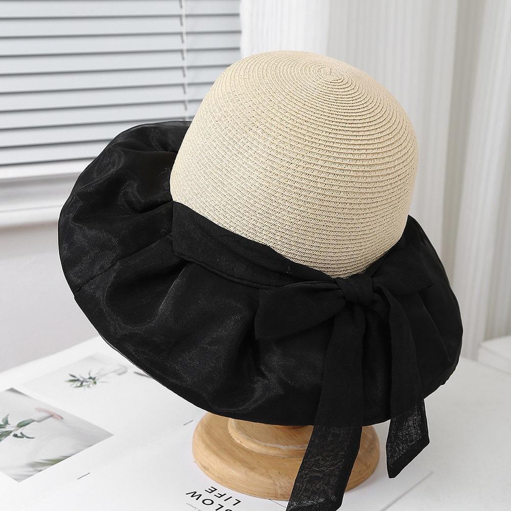 

Lady Organza Lace Bow Foldable Sun Protection Elegant Large Eave Outdoor Vacation Travel Straw Hat adult size 55-58cm чорний