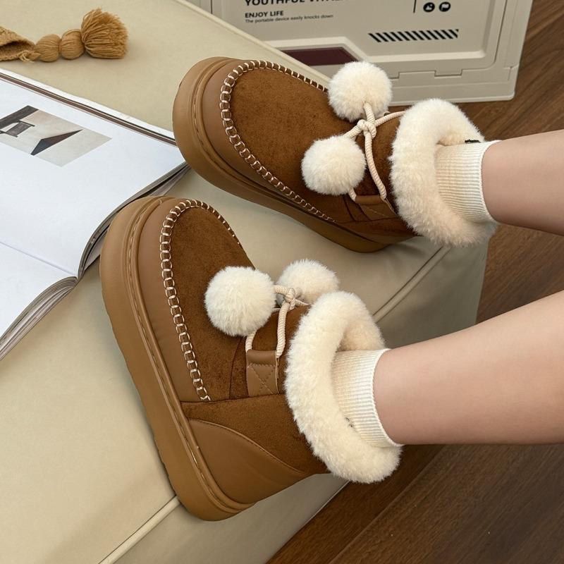 Women Winter Snow Boots Cute Fur Ball Windproof Suede Non-slip Platform Outside High Top Flat Soft Warm Fluffy Lady Shoes