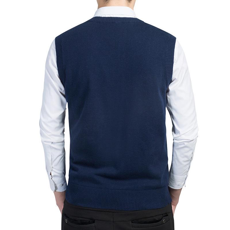 Men's Solid V-Neck Wool Knit Vest - Sleeveless Pullover for Spring and Autumn
