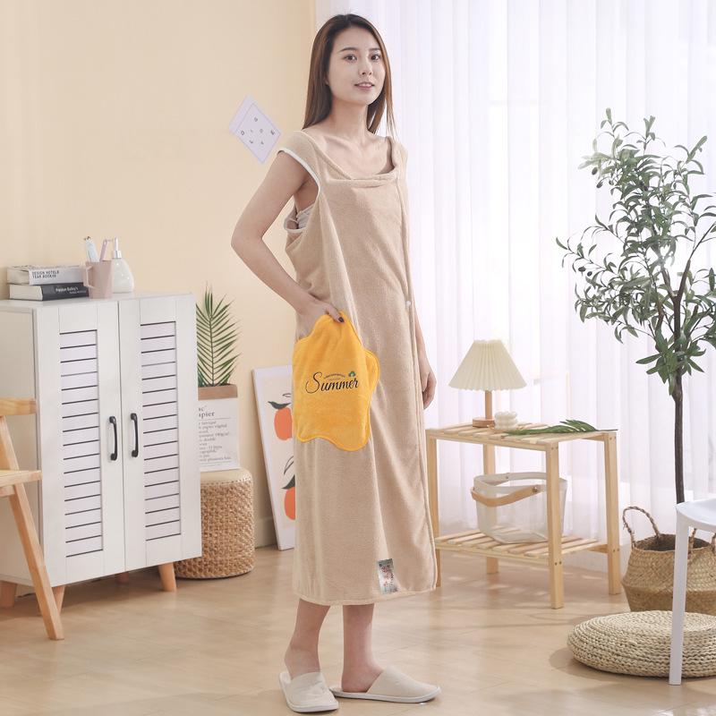 Women’s Quick-Dry Coral Fleece Bath Skirt with Pocket – Wearable, Absorbent, Strappy Bathrobe