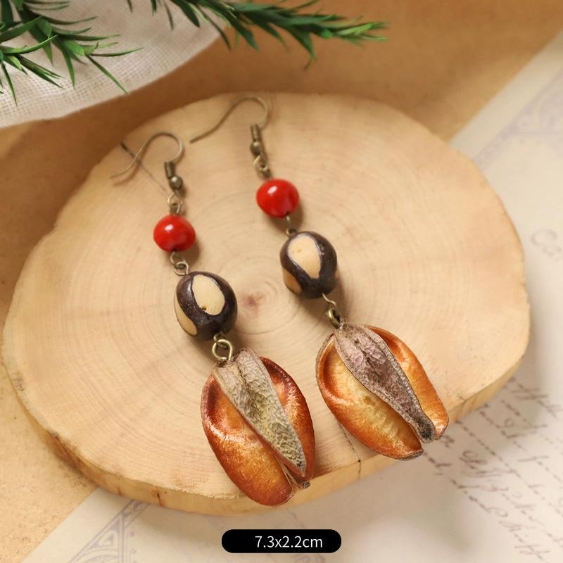 Original Pflanze Frucht Wald Ohrringe Natürliche Eichenfrucht Handgefertigt Retro Langer Stil Ethnisch Literarisch Traditionelle Ohrringe