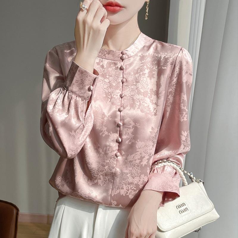 Cămașă din Mătase Jacquard Satin Chinezesc Pentru Femei Primăvară Vară Nouă Top Bluză Elegantă și Confortabilă cu Mânecă Lungă și Gât Rotund