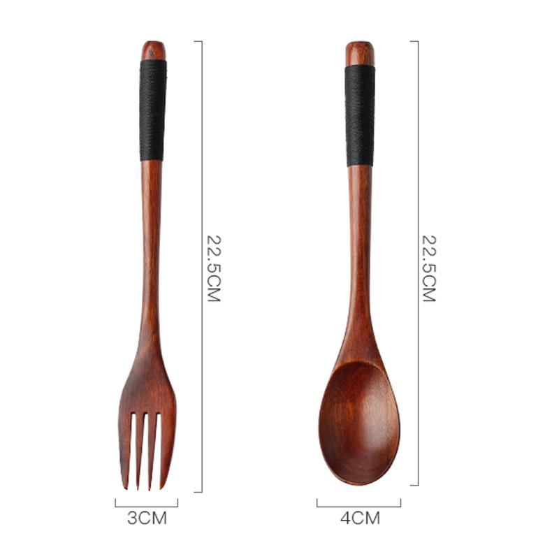 2Pcs Wooden Spoon Fork Dinnerware Set Long Handle Rice Soup Dessert Spoon Japanese Style Dinner Spoon and Fork Set Wood Cutlery