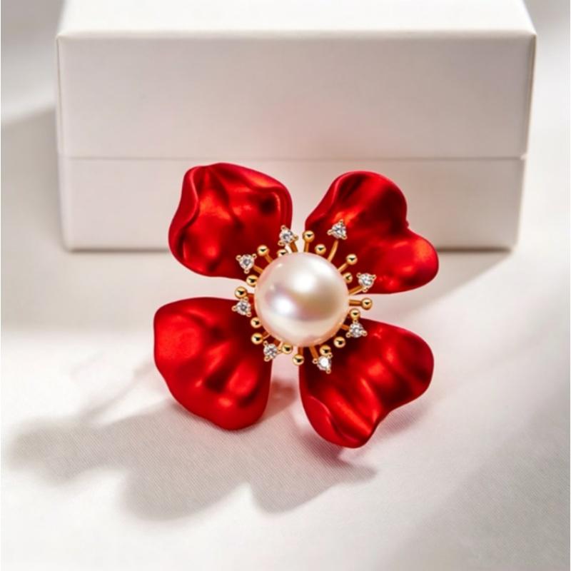 Beautiful Flower Brooches For Women Red Enamel Pearl Flowers Plants Party Office Brooch Pin Gifts